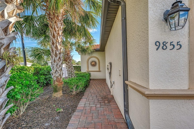 view of exterior entry featuring stucco siding