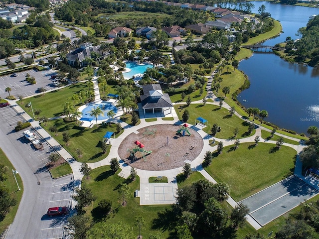 aerial view featuring a water view