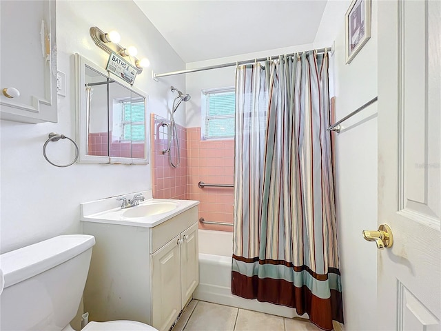 full bathroom featuring vanity, tile patterned flooring, shower / bathtub combination with curtain, and toilet