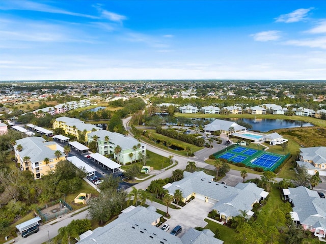 drone / aerial view featuring a water view