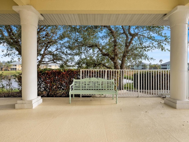 view of patio / terrace featuring a water view