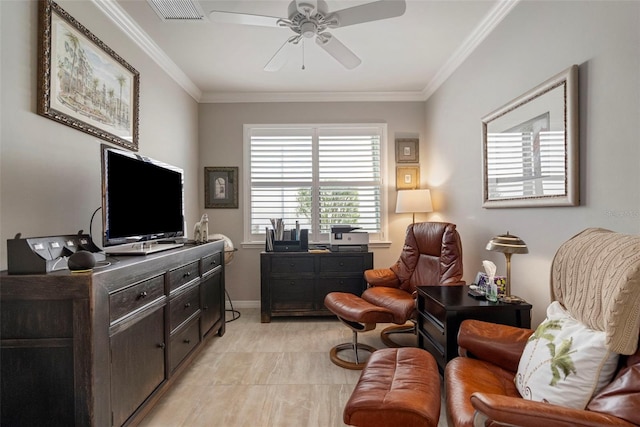 interior space with light tile patterned floors, ceiling fan, and ornamental molding