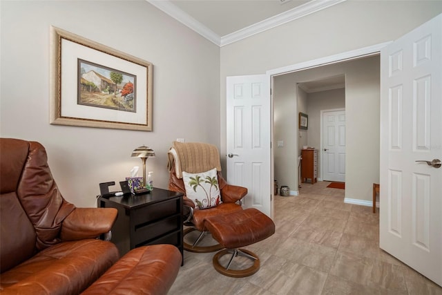 living area featuring ornamental molding