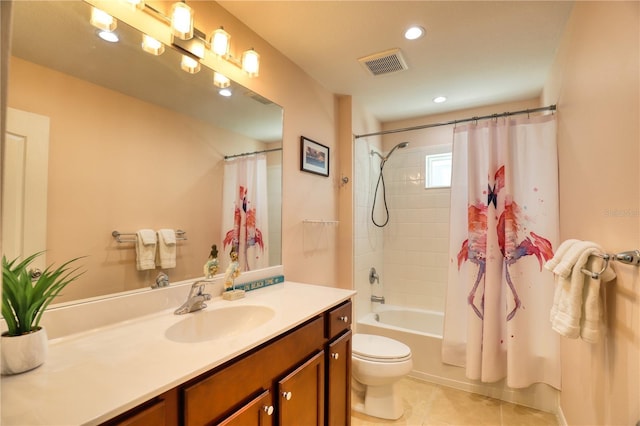 full bathroom with tile patterned flooring, vanity, toilet, and shower / bathtub combination with curtain