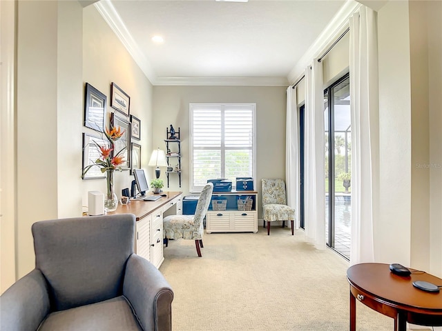 office space with light colored carpet and ornamental molding