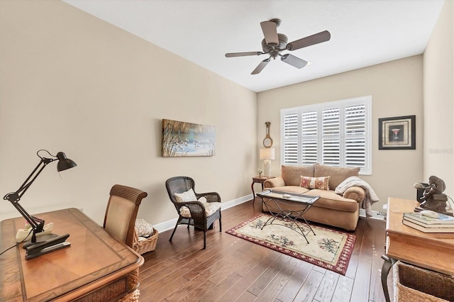 living room with dark hardwood / wood-style floors and ceiling fan