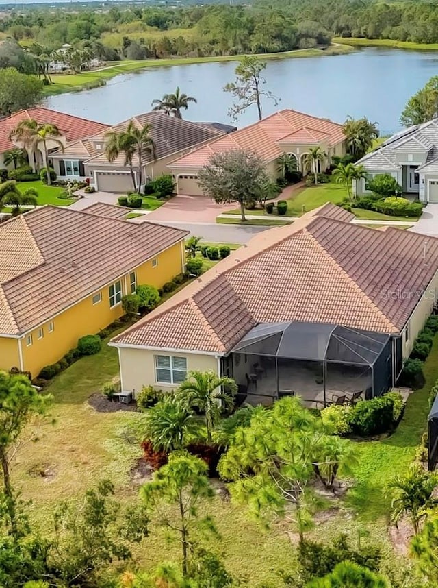 drone / aerial view featuring a water view