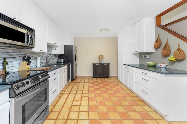 kitchen featuring decorative backsplash, white cabinetry, sink, and appliances with stainless steel finishes