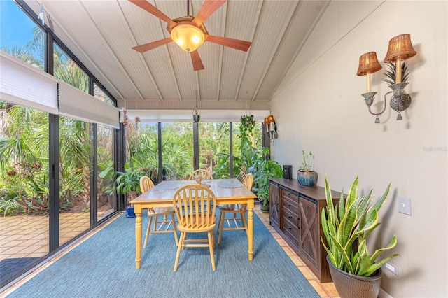 sunroom / solarium featuring ceiling fan and lofted ceiling