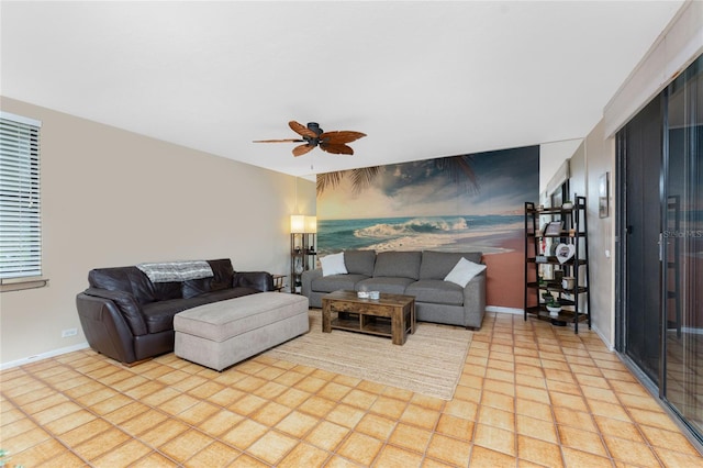 living room featuring ceiling fan