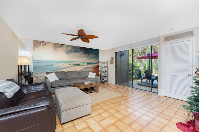 living room with ceiling fan