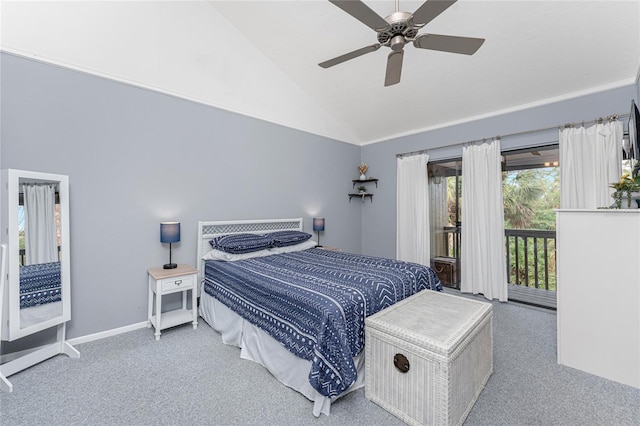 bedroom featuring access to outside, ceiling fan, carpet floors, and high vaulted ceiling