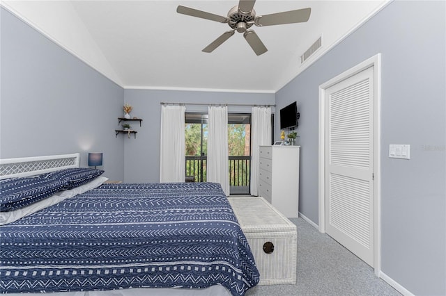 bedroom with ceiling fan, crown molding, carpet floors, vaulted ceiling, and access to outside