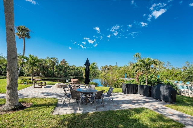 view of patio featuring a grill and a water view