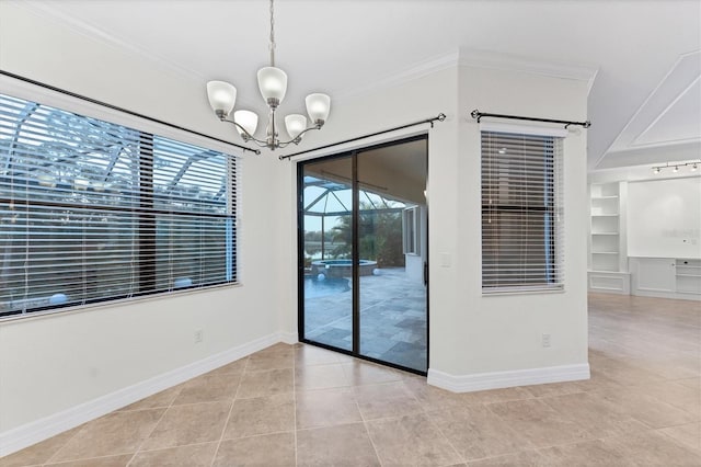 spare room featuring light tile patterned floors, crown molding, and a chandelier