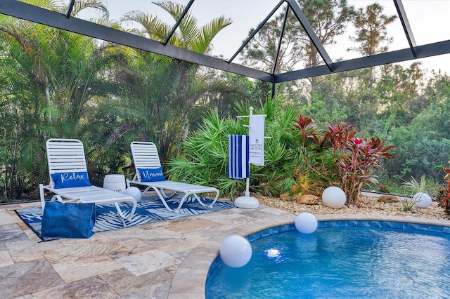 view of swimming pool with a lanai and a patio area