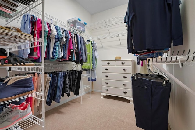 walk in closet with light carpet