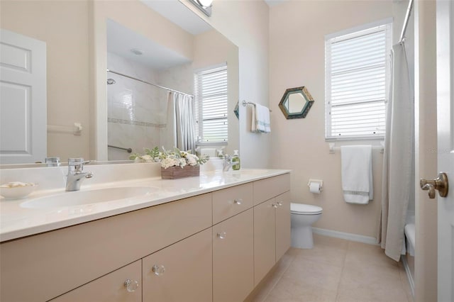 bathroom with tile patterned floors, walk in shower, vanity, and toilet