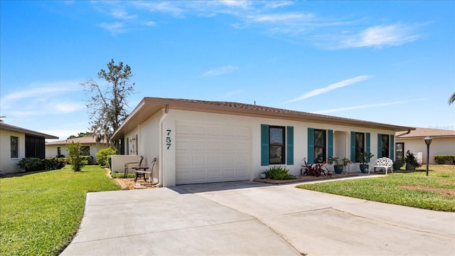 ranch-style home with a front yard and a garage