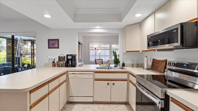 kitchen featuring sink, kitchen peninsula, a tray ceiling, appliances with stainless steel finishes, and ornamental molding