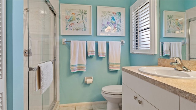 bathroom with tile patterned flooring, vanity, toilet, and walk in shower