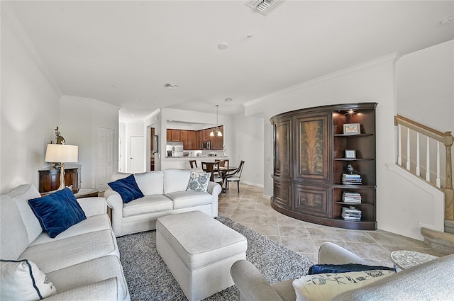 tiled living room featuring crown molding