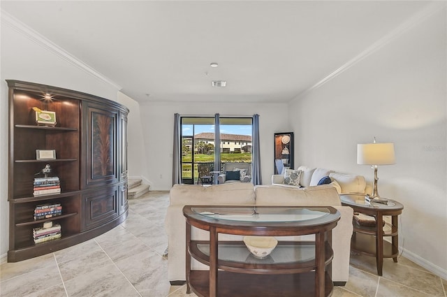 living room with crown molding