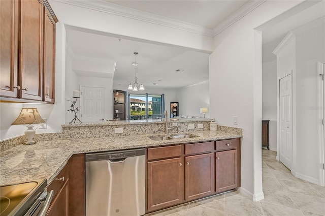 kitchen featuring dishwasher, sink, light stone counters, kitchen peninsula, and a chandelier