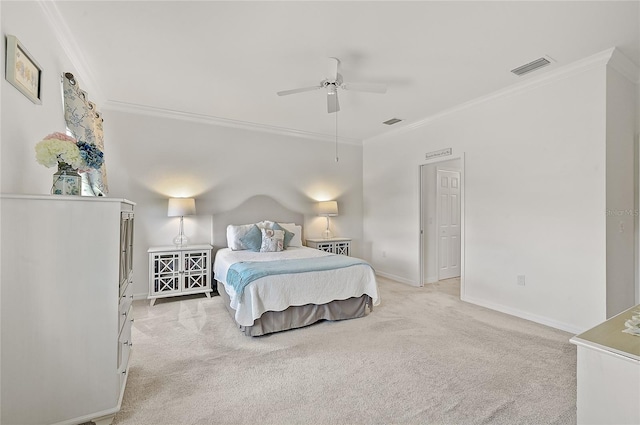 bedroom with ceiling fan, crown molding, and light colored carpet