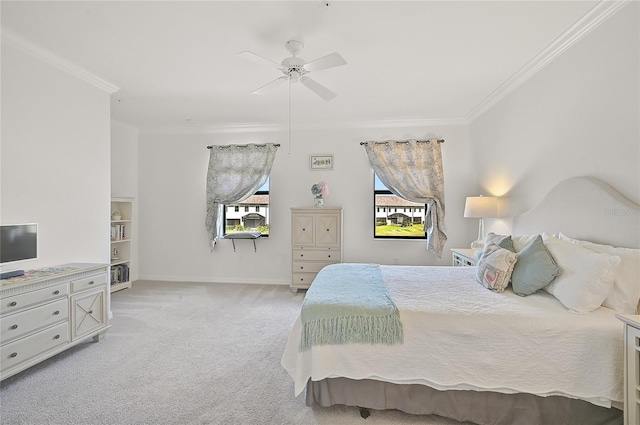 bedroom featuring ceiling fan, light carpet, and ornamental molding