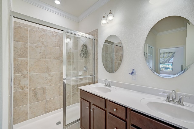 bathroom featuring vanity, walk in shower, and ornamental molding