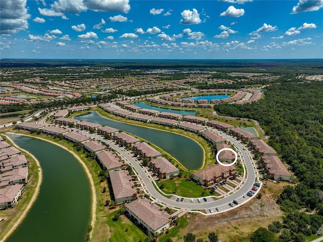 aerial view featuring a water view