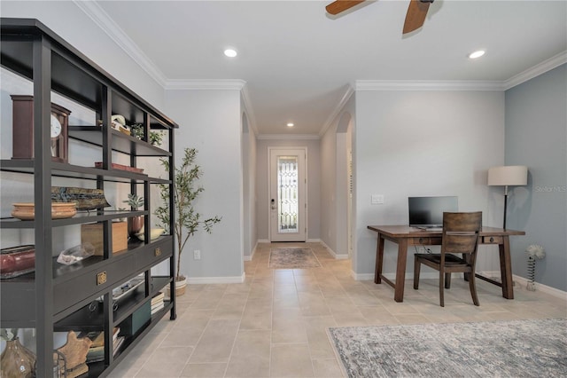 tiled office space with ceiling fan and ornamental molding