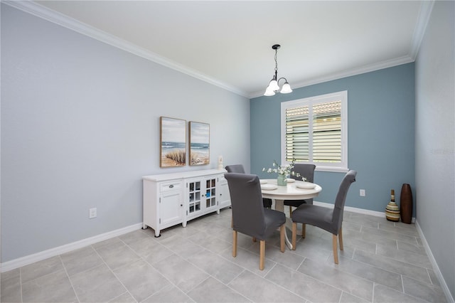 tiled dining space featuring a chandelier and crown molding