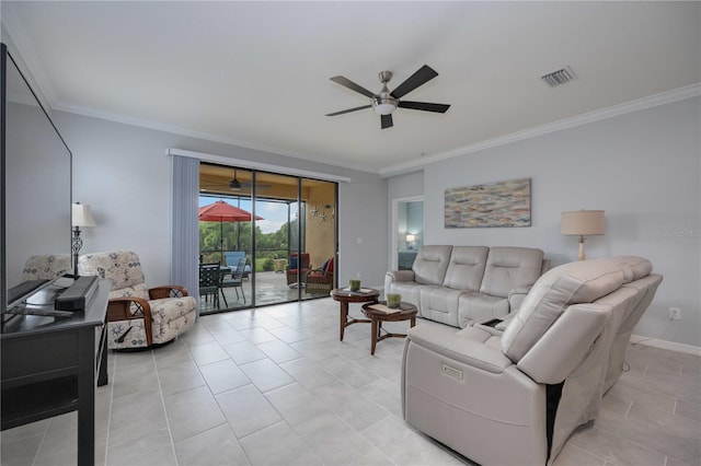 tiled living room with ceiling fan and ornamental molding