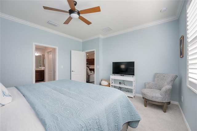 carpeted bedroom with connected bathroom, ceiling fan, and ornamental molding