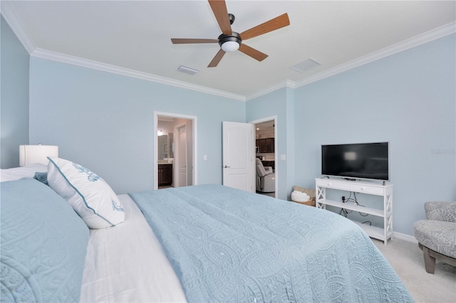 bedroom with ceiling fan, crown molding, ensuite bathroom, and light carpet