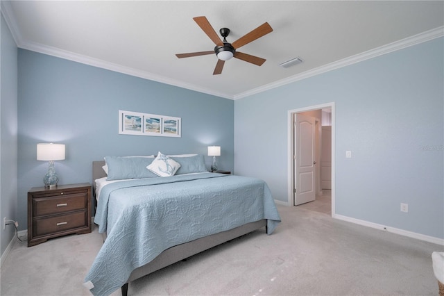 carpeted bedroom with ceiling fan and ornamental molding