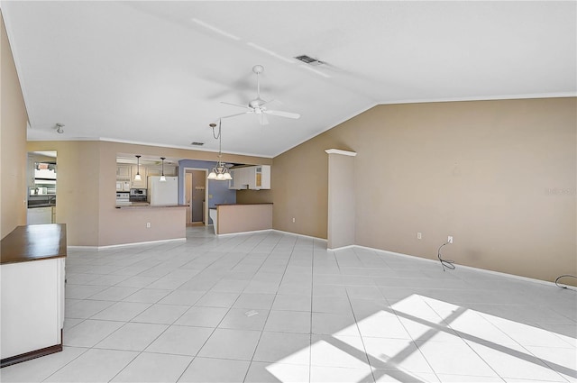 unfurnished living room featuring ceiling fan, light tile patterned floors, and lofted ceiling