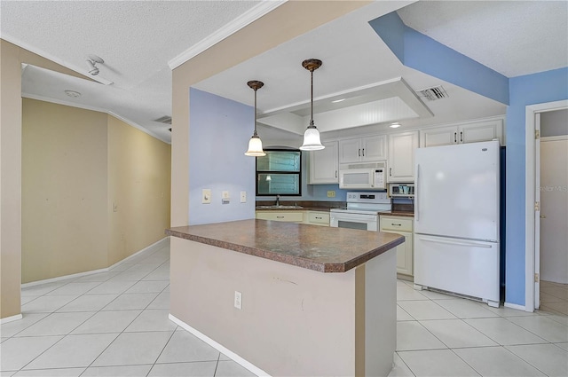 kitchen with sink, kitchen peninsula, pendant lighting, white appliances, and white cabinets