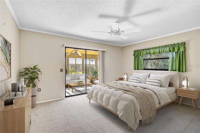 bedroom with access to exterior, light carpet, a textured ceiling, and ceiling fan