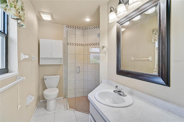 bathroom featuring tile patterned flooring, vanity, toilet, and a shower with door