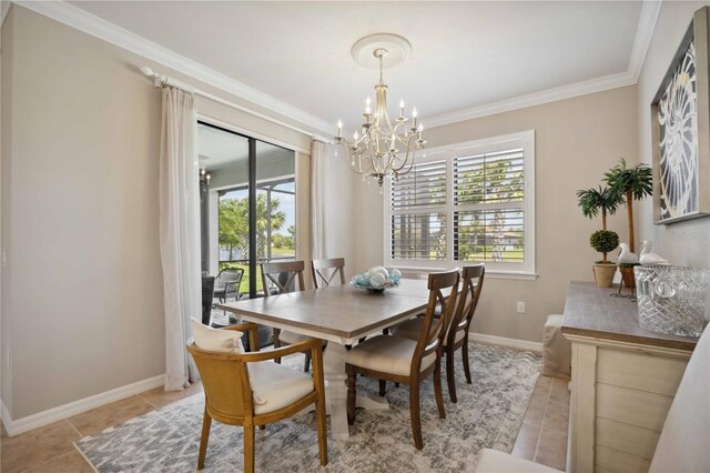 tiled dining room with crown molding and a notable chandelier