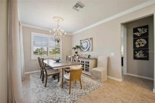 tiled dining space with crown molding and a notable chandelier