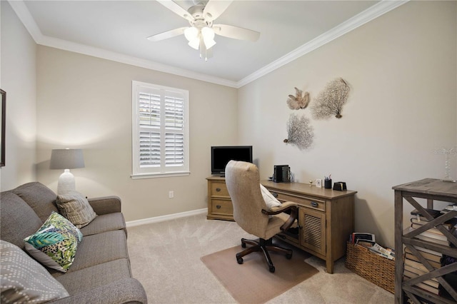 office with light carpet, ceiling fan, and ornamental molding