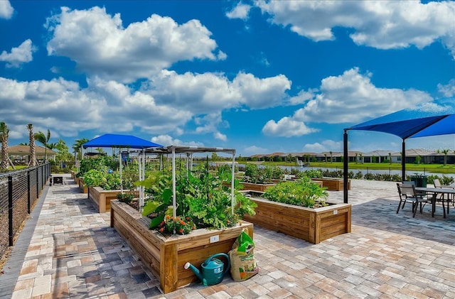 view of patio with a water view