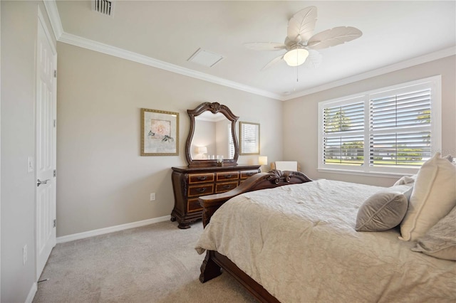 13510 Esposito St, Venice, FL 34293 - bedroom with light carpet, ornamental molding, and a ceiling fan