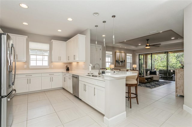 kitchen featuring pendant lighting, a raised ceiling, white cabinetry, appliances with stainless steel finishes, and sink