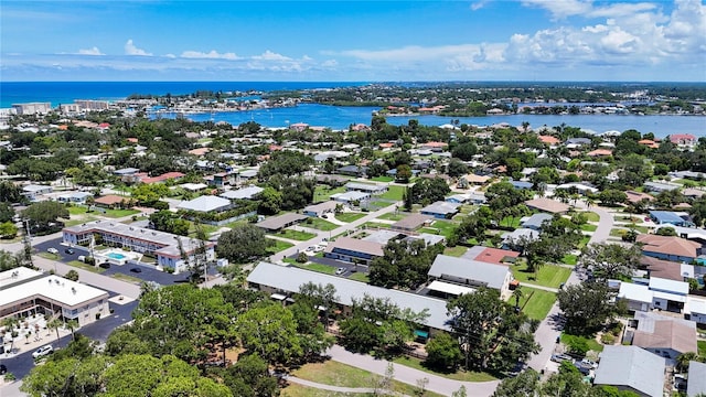 bird's eye view with a water view