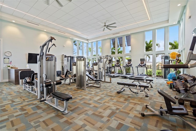 workout area with carpet, ceiling fan, and a high ceiling